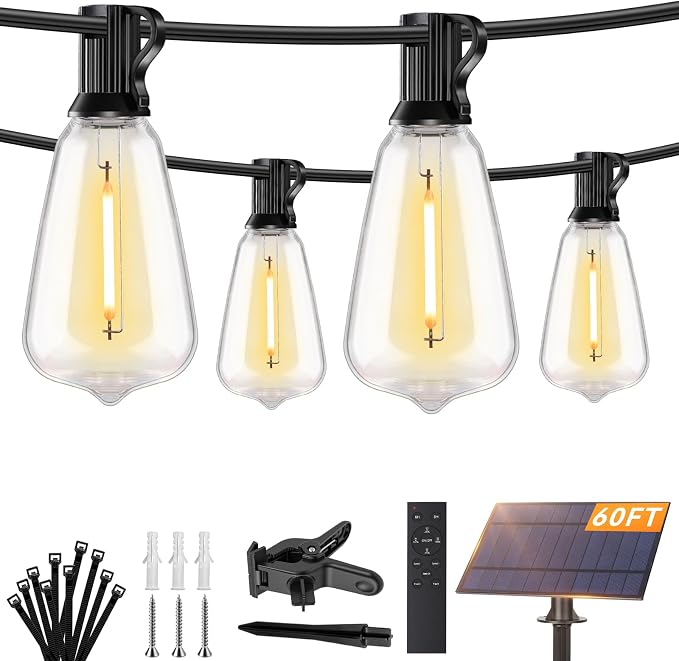 Brightever 60FT Solar String Lights Outdoor Waterproof, Patio Lights Solar Powered with Remote, 25+1 Shatterproof ST38 LED Bulbs 3 Lighting Modes, Dimmable Solar Lights for House, Market, Bistro
