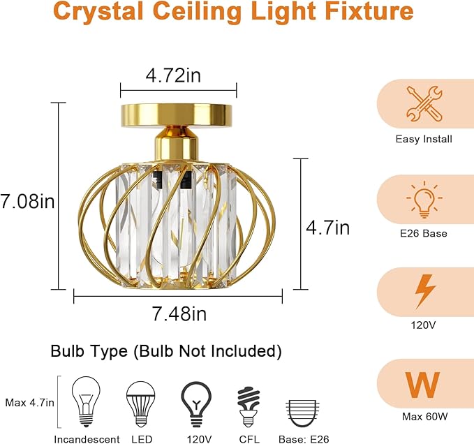 FRIDEKO HOME Gold Crystal Ceiling Light Fixture - Crystal Chandelier Small Semi Flush Mount Ceiling Light Modern Lights Ceiling Mount for Hallway Kitchen Entryway Bedroom Bathroom (2 Pack, 7.48 Inch)