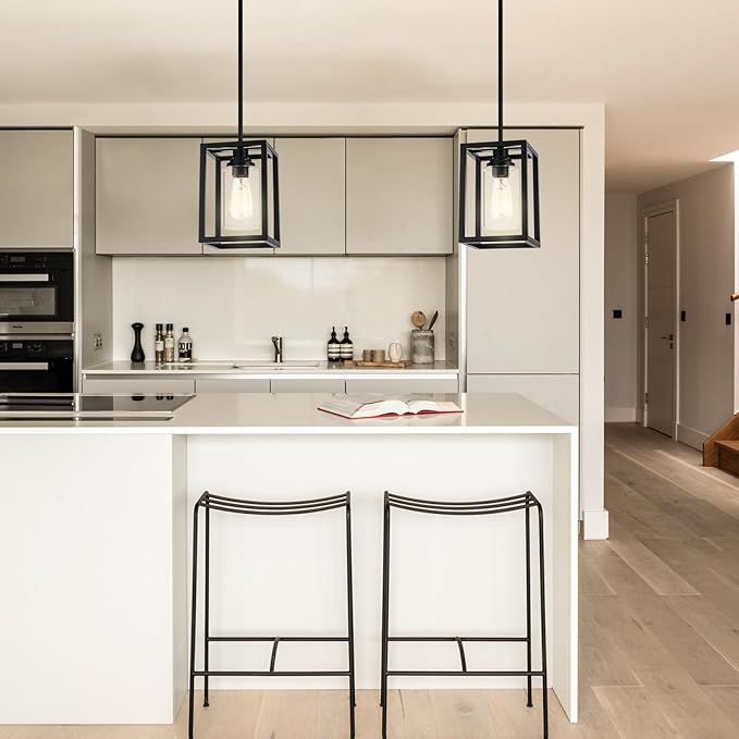 Matte Black Farmhouse Pendant Light Fixtures, Industrial Kitchen Island Light, Rectangle Linear Metal Hanging Lighting Fixture Ceiling Mount with Clear Glass Shade E26 Base for Dining Room, 2 Pack