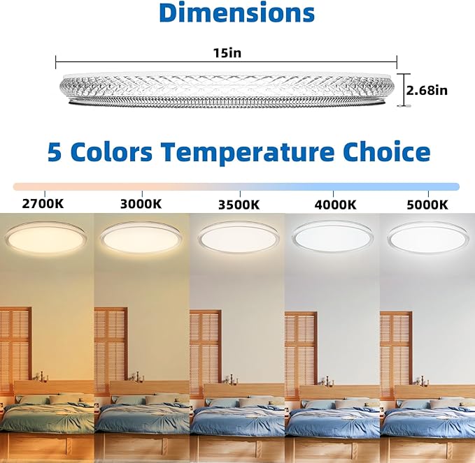 LED Ceiling Light 15-Inch Dimmable Flush Mount with 5CCT Adjustable Color Temperature (2700K-5000K), 35W 4000LM, Ceiling Light Fixture for Bedroom, Kitchen, Living Room, Office, and Hallway.