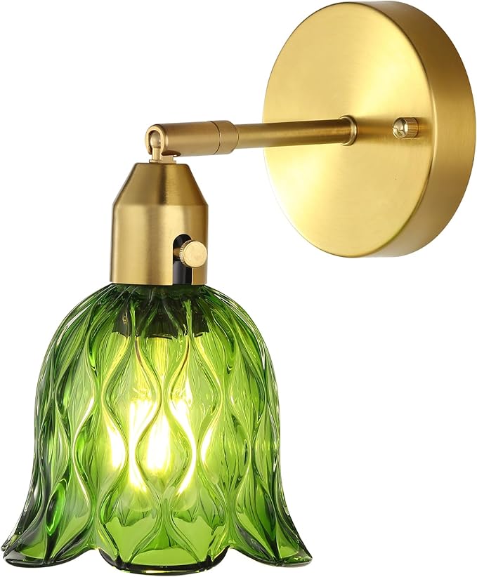 Vintage Wall Sconces - Hardwired Wall Lights with Green Tulip Glass Shade,Brass Wall Lamps for Bathroom Bedroom Stairway Bathroom Living Room Corridor(Bulbs Not Included,E26 Socket)