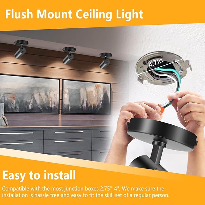 VANoopee 3-Color Zoomable Ceiling Spot Lights Indoor Flush Mount Adjustable LED Ceiling Spotlight Directional Light Fixture Dimmable Accent Light for Picture Art -CRI90 15-60° 10W 1000lm Black