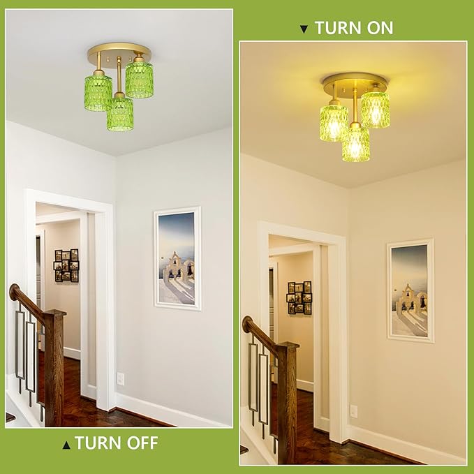 3-Light Semi Flush Mount Ceiling Light, Vintage Gold Kitchen Ceiling Light Fixture with Green Glass Shade, Mid Century Modern Close to Ceiling Lighting for Dining Room Hallway Entryway Bedroom
