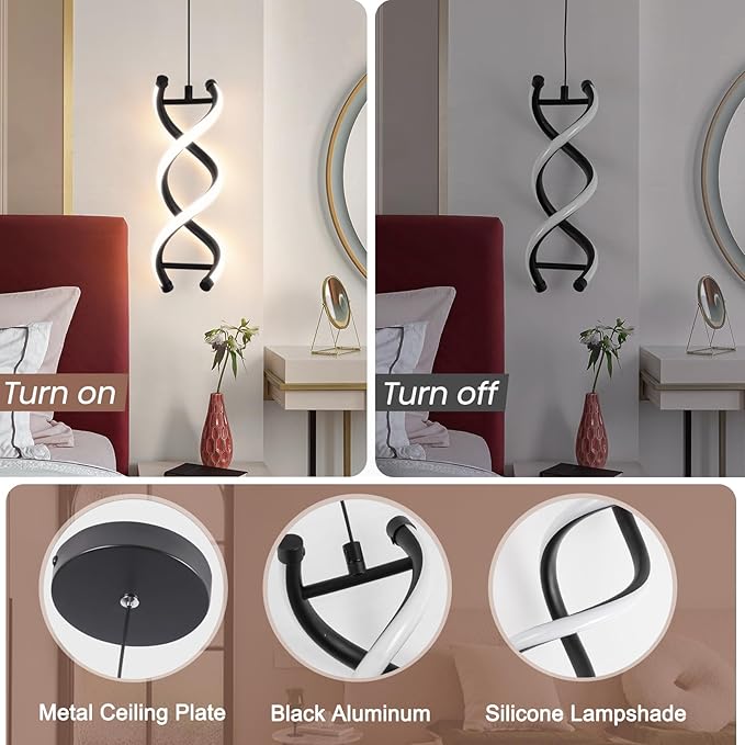 CANEOE Spiral Led Pendant Light Fixtures,3000K-6000K Dimmable Modern Integrated LED Pendant Lamp, Adjustable Height Kitchen Hanging Light Fixture for Living Room Bedroom Kitchen Sink, 1 Pack (Black)