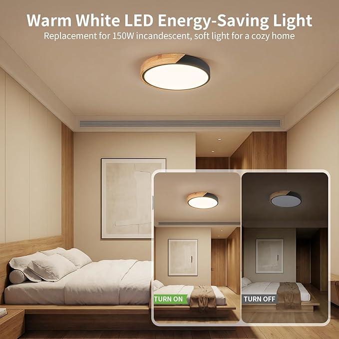 Modern LED Ceiling Light for Bedroom: Minimalist Wood Flush Mount Ceiling Light Fixture with Acrylic Lampshade - 3000K Not Dimmable Overhead Ceiling Lamps for kitchen hallway living room (11.8" Black)