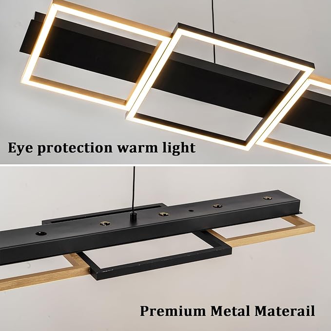 EDISLIVE 5-Light Black Gold Linear LED Chandelier Dimmable LED Square Island Light 45 in Linear Pendant Light 3000K Adjustable Height for Dinning Room Kitchen Pool Table