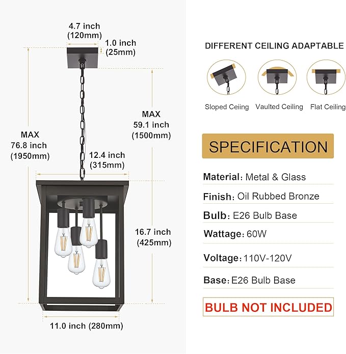 TODOLUZ 4-Light Large Outdoor Pendant Light Fixtures in Oil Rubbed Bronze, Adjustable Height Porch Hanging Lighting for Yard Entryway Patio, E26 Base Exterior Ceiling Lantern