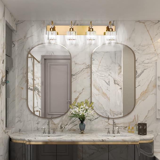 Ralbay Brass Gold Vanity Lights 4-Lights Crystal Bathroom Lighting Fixtures Over Mirror Modern Wall Lighting for Bathroom