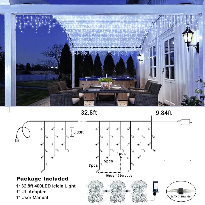 Icicle Lights for Outside - 33FT 400 LED Icicle Christmas Lights Outdoor with 75 Drops 8 Modes, Waterproof Connectable Curtain Hanging Lights for Indoor Eaves Wedding Patio Decorations, Cool White