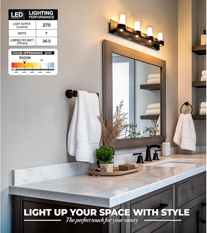 LYTIO 4-Light LED Vanity Bar Light – Modern Bathroom Wall Lamp to Install Over The Sink or Mirror - Includes LED Bulbs (Black)