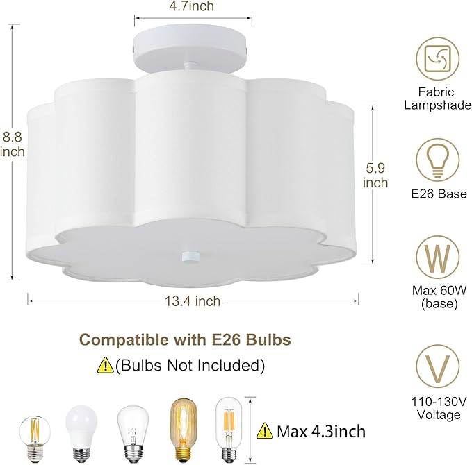 13.3"Semi Flush Mount Ceiling Light Fixture, 3-Light Modern Close to Ceiling Light With Fabric Flower-Shaped Shade, Light Fixtures Ceiling Mount for Bedroom Nursery Kids Room Living Room(White)