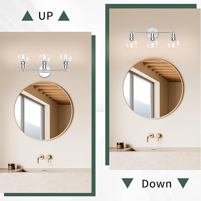 Espird 3 Lights Bathroom Vanity Light Fixtures Chrome, Bathroom Lights Over Mirror, Industrial and Farmhouse 3 Light Wall Sconce, Polished Chrome Globe Vanity Lighting Fixtures