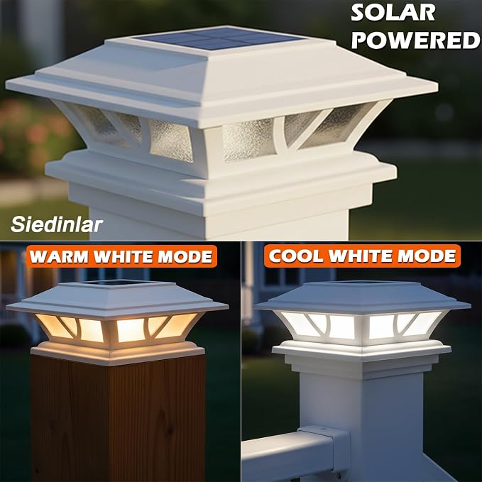 SIEDiNLAR Solar Post Lights Outdoor 2 Modes LED Fence Deck Cap Light for 4x4 5x5 6x6 Posts Garden Patio Decoration Warm White/Cool White Lighting White (10 Pack)