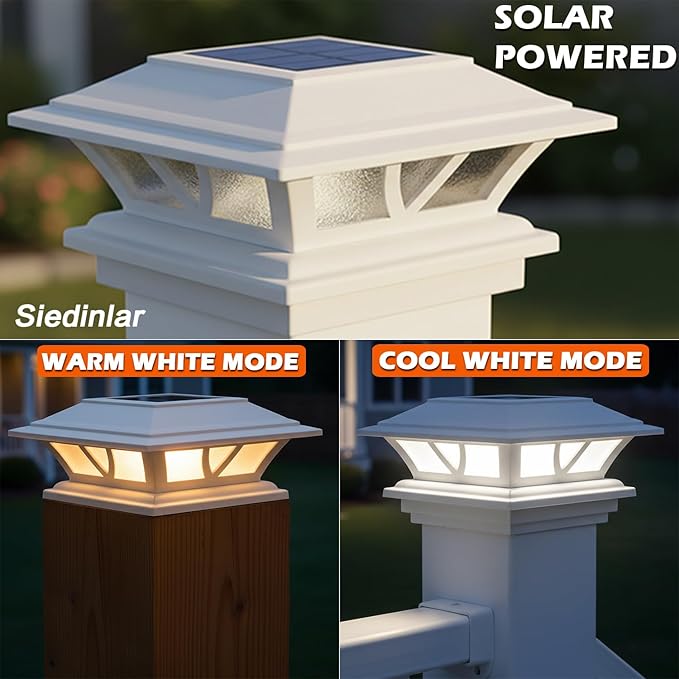 SIEDiNLAR Solar Post Lights Outdoor 2 Modes LED Deck Fence Cap Light for 4x4 5x5 6x6 Posts Patio Garden Decoration Warm White/Cool White Lighting White (1 Pack)