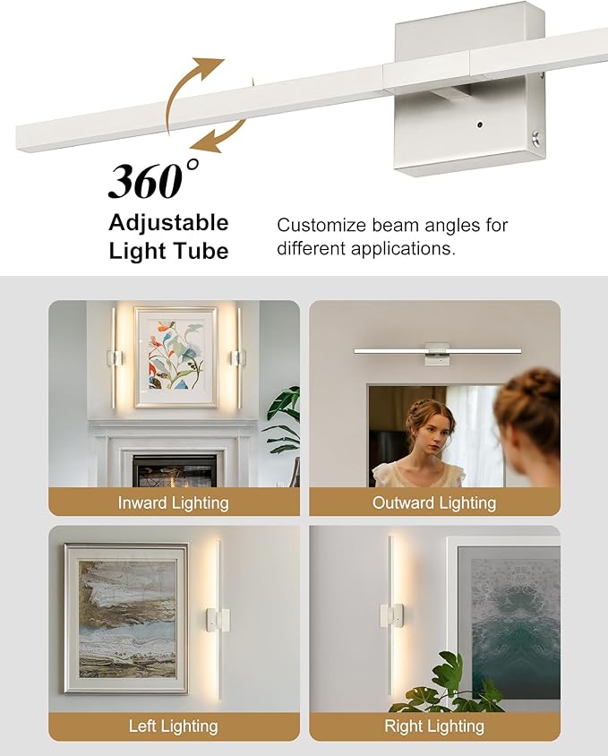 Rayogale 32 Inch Rechargeable Battery Operated Wall Sconce Set of Two, Cordless 3000K/4500K/6000K Dimmable Timer, Remote Touch Control USB-C Charging 360° Rotation for Living Room Sand Nickel