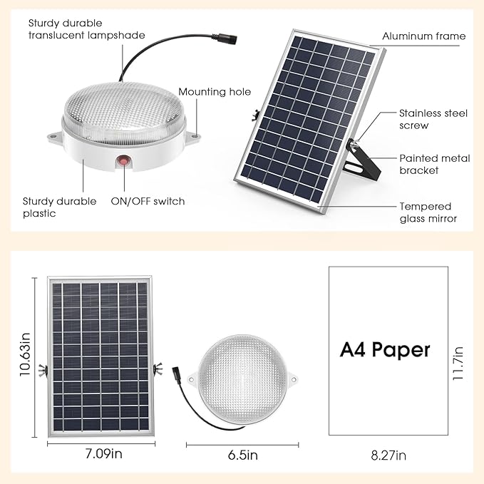 Solar Ceiling Light, Daytime & Night 6000K/4000K/3200K Solar Shed Light with On Off Switch & Remote, Dimmable Waterproof Barn Lights Indoor & Outdoor for Cabin Shelter Hallway Tools Room