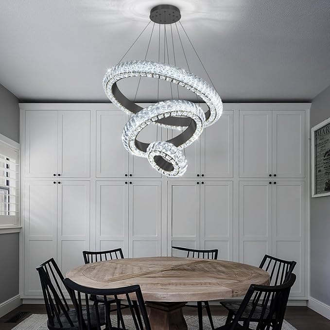 23.6" 3 Ring Crystal Chandelier Modern LED Dimmable Ring Pendant Light Round Chandelier for Dining Room Living Room Black