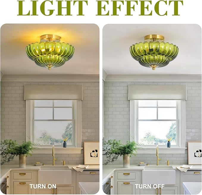 11.8 inch Kitchen Ceiling Light, 3-Light Semi Flush Mount Ceiling Lamp with Flower Glass, Modern Close to Ceiling Light Fixtures for Bathroom Bedroom Hallway Entryway, Green