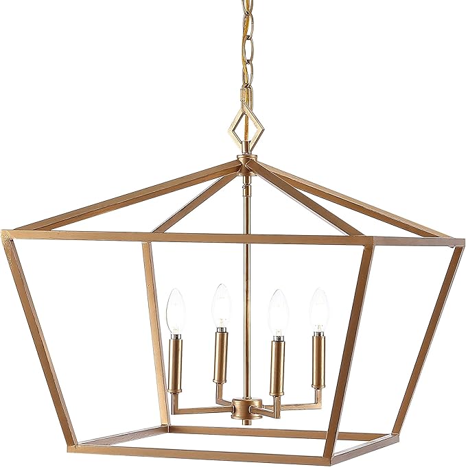 JONATHAN Y 23" Gold 4-Light Rustic Glam Adjustable Iron LED Pendant, Open Cage Lantern Hanging Light for Dining Room, Kitchen Island, Foyer, Farmhouse French Country (JYL7520C)