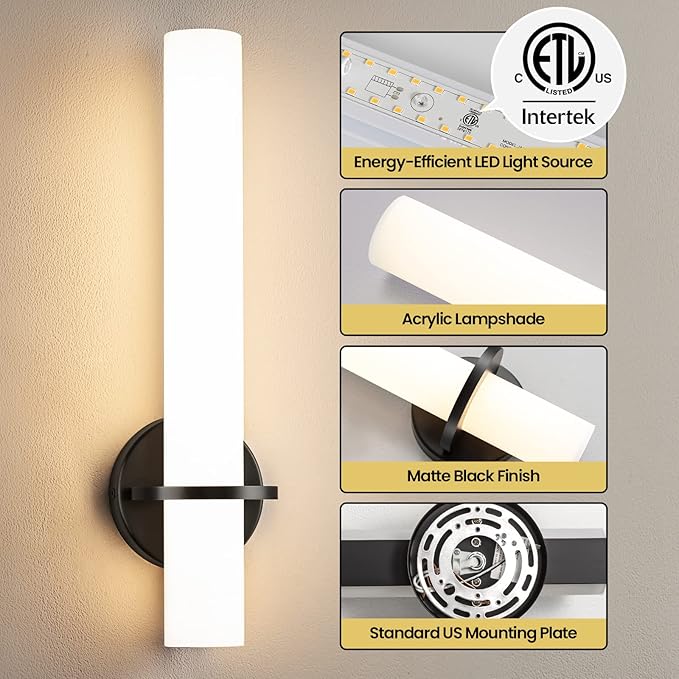 AIJIASI Black Wall Sconces Set of 2, 18 Inch Bathroom Sconces with Acrylic Shade 18W 3000K LED Dimmable Modern Wall Sconces Wall Lights for Bedroom Living Room Hallway Stairway