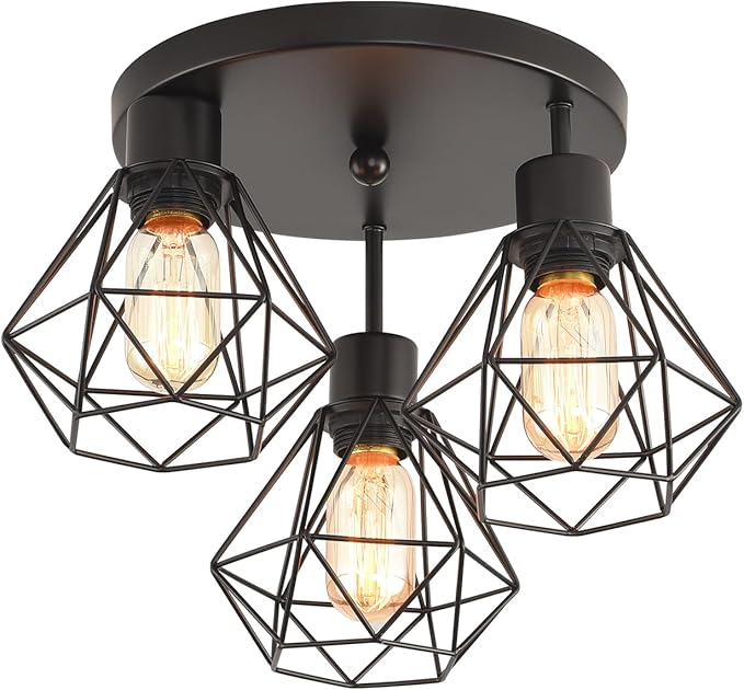 3 Lights Industrial Ceiling Light Fixtures,Iron Cage Ceiling Lamp Pendant Lighting,3-Light Close to Ceiling Light Fixtures, Modern Chandelier for Bedroom Entryway Kitchen Hallway