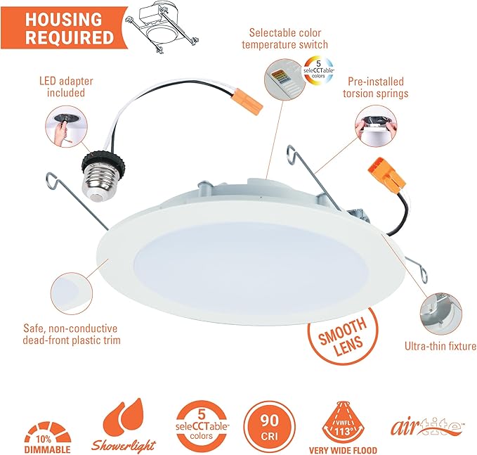 HALO HLBT 6 Pack 6 in Slim LED Recessed Light Trim with Selectable Color Temperature 2700K, 3000K, 3500K, 4000K, 5000K Dimmable Wet Location Indoor Outdoor New Construction Remodel - HLBT609FS5-6PK