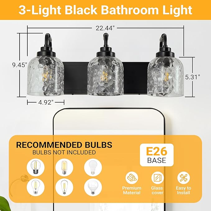 WJShome 3-Light Black Bathroom Vanity Light, Modern Vanity Lighting Fixture for Bathroom, Coastal Vanity Lights with Crystal Glass Shade, for Mirror Bedroom Hallway
