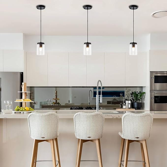 Industrial Mini Pendant Light Modern Bubble Seeded Glass Hanging Lighting Cylinder Adjustable Cord for Kitchen Island Dining Table Over Sink, Black, 1 Pack