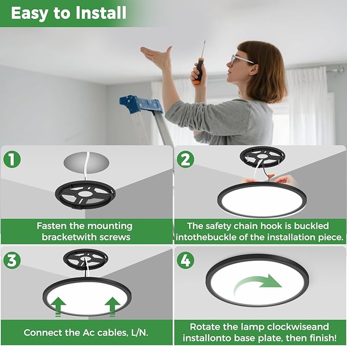 zemty 4Pack LED Flush Mount Ceiling Light, 12Inch 24W Dimmable Ceiling Lights Fixture, 5 Color Temperatures (3000K-6500K) Black Round Ceiling Lamp for Bedroom, Kitchen, Hallway,Bathroom