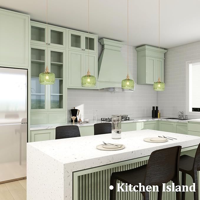 Shenmoyl Pendant Light 2 Pack with Green Striped Glass Lmapshade, Brass Vintage Pendant Light Adjustable Hanging Light for Kitchen Island Dining Room Hallway