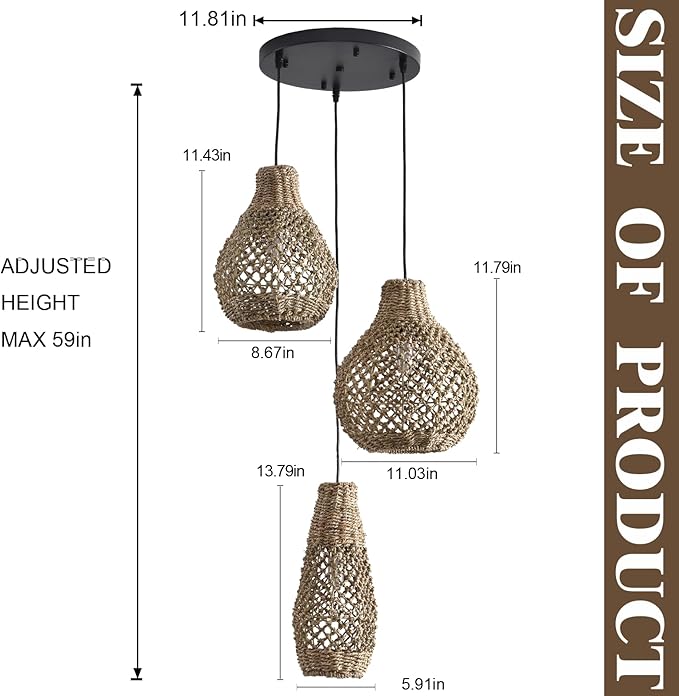 3-Lights Rattan Pendant Light Fixture,Boho Hand Woven Wicker Seagrass Farmhouse Ceiling Hanging Lighting,for Kitchen Island Dining Room, Restaurant, Hallway, Foyer,