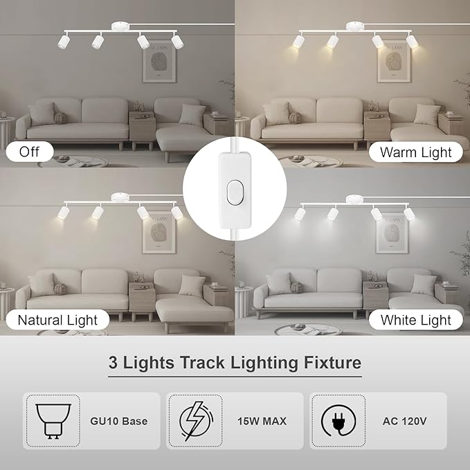 Track Lighting Plug in, LED Track Lighting Fixtures Ceiling Kit, White 4-Light Ceiling Light Plug-in, Wall Light with 14.8ft Power Cord, Rotatable Kitchen Spotlight for Bedroom(GU10 Socket, NO Bulb)