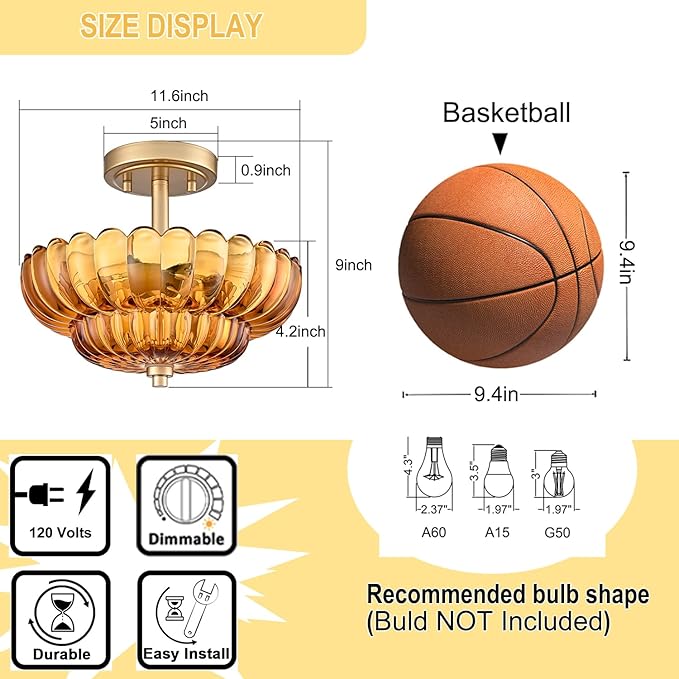 Semi Flush Mount Ceiling Light Fixture, Amber Glass 3-Light Modern Vintage Ceiling Lights, Scalloped Close to Ceiling Light, Gold Base Flush Mount Ceiling Light for Hallway Bedroom Entryway Kitchen