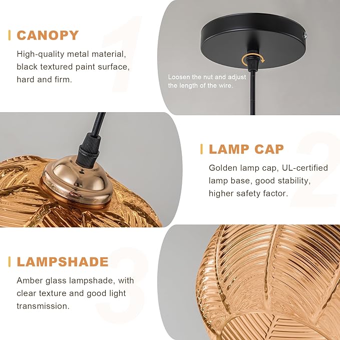 Amber Glass Pendant Lights Kitchen Island Lighting 1-Light Farmhousde Ribbed Globe Pendant Light Fixture Adjustable Gold Ceiling Hanging Lamp for Kitchen Island Dining Room Bedroom Living Room