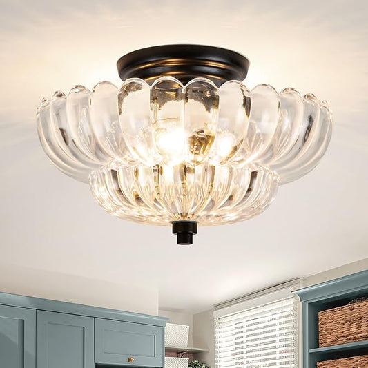 Semi Flush Mount Ceiling Light, Vintage Glass Close to Ceiling Light Fixtures with 3 Lights, Modern Black Flush Mount Ceiling Lights for Hallway, Bedroom, Kitchen, Living Room