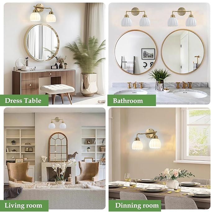 2 Light Vintage Bathroom Light Fixtures, Gold Bathroom Vanity Light, Brass Finish with White Tulip Glass Shade, Wall Lighting for Bedroom, Living Room, Hallway,E26 Base