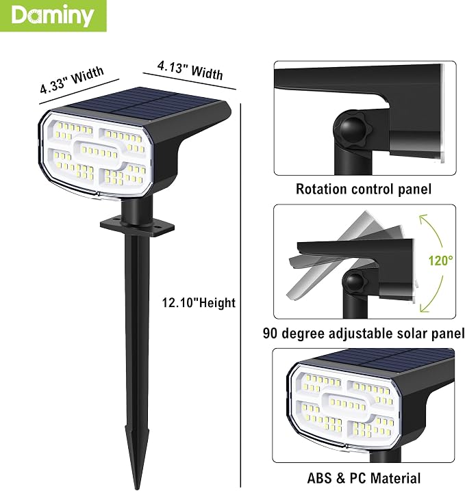 DAMINY Solar Spotlights Outdoor Waterproof IP65,2 CCT(Warm White & Cool White),4 Lighting Modes Solar spot Lights for Yard,Garden,Pathway,Landscape,Auto On/Off-2 Pack