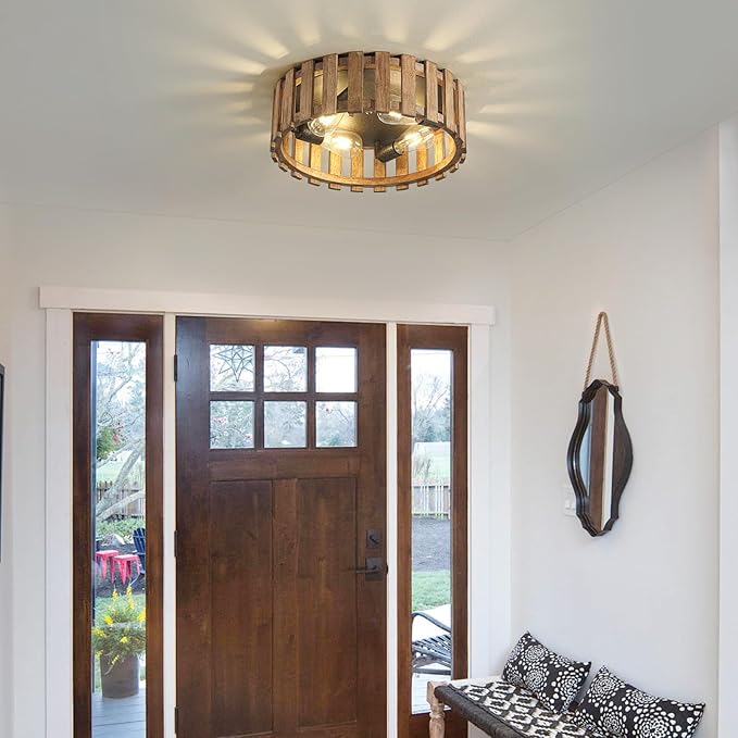 Farmhouse Flush Mount Ceiling Light, 17 Inch 4-Light Wood Close to Ceiling Light Fixture, Retro Hallway Light Fixtures Ceiling, Rustic Drum Ceiling Light for Kitchen Entry Living Room