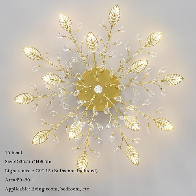 Modern Crystal Ceiling Light Fixture,Gold Semi Flush Mount Chandeliers,Crystal Leaf Ceiling Lighting,Pendent Lamp for Dining Room,Living Room,Bedroom