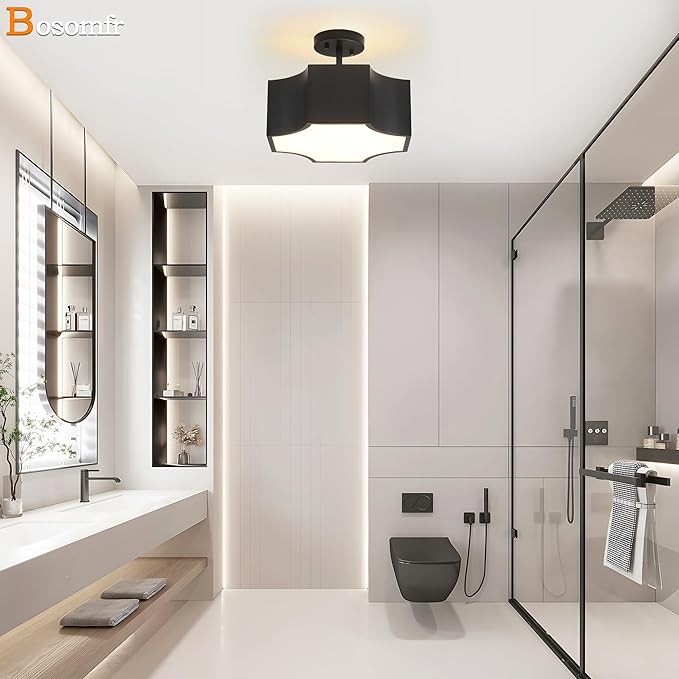 Modern Black 3-Light Ceiling Light Fixture, 12.6'' Metal Industrial Semi Flush Mount Close to Ceiling Light, Farmhouse Light Fixtures Ceiling Mount, Geometry Chandelier for Kitchen, Hallway