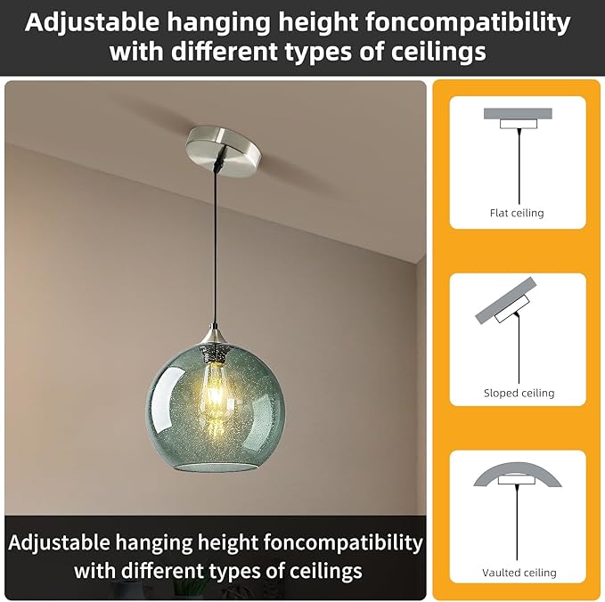 Modern 2-Pack Glass Globe Pendant Lights, Gray Green Modern Pendant Lighting for Kitchen Island, Glass Hanging Lamps for Dining Room Living Room Bedroom, Small 5.9 Inch Fixture (Bulbs Not Included)