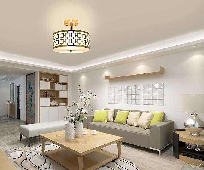 Semi Flush Mount Ceiling LED Light Fixture Hanging with Drum Shade for Dining & Living Room Kitchen Office Shop Entryway & Hallway Modern Chandelier Lamp Brushed Chrome Finish E26 Base
