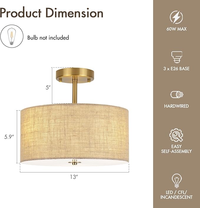 13 Inch Modern Semi Flush Mount Ceiling Light Fixture, Gold Drum Lamp with Textured Woven Linen Burlap Shade, Rustic Farmhouse Boho Lighting for Bedroom, Kitchen, Hallway, Entryway Room