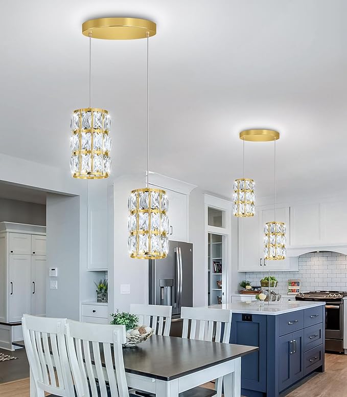 2-Lights Modern Crystal Pendant Lights for Kitchen Island LED Dimmable Glam Pendant Lighting Chandelier for Dining Room Hallway Corner Lamp Gold