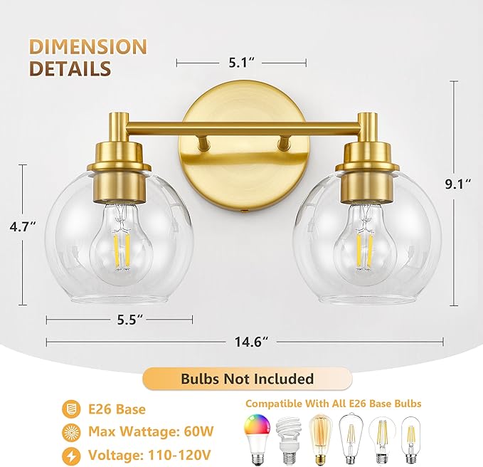 Gold Bathroom Vanity Lights, 2-Light Wall Sconce with Glass Globe Shade, Vanity Lighting for Bathroom/Bedroom/Dressing Room, Vertical/Horizontal Mounted, E26 Bulb Base (Bulb Not Included)
