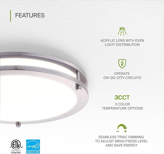 ASD LED 18" Round Flush Mount Lighting, Close to Ceiling Light Fixture | 3CCT, Dimmable, Energy Star, ETL Listed | 28W 2744LM 3000-5000K 100-277V | Low Profile Double Ring Lamp | Nickel