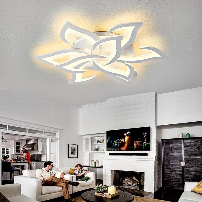 HuixuTe 31" White Modern Geometric Dimmable Ceiling Light Fixture, 9 Leaves Low Profile Flush Mount Ceiling Light for Kitchen, Bedroom, Living Room