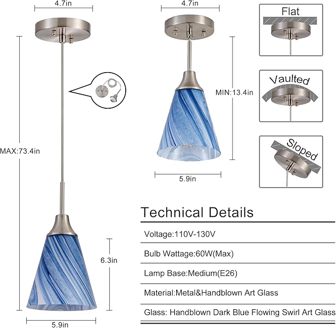Viinew Mini Glass Pendant Light 1-Pack Dark Blue Marble Art Glass Pendant Lights Kitchen Island 5.9" Brushed Nickel Finish Hanging Light for Kitchen Over Sink,Dining Room,Foyer,Hallway
