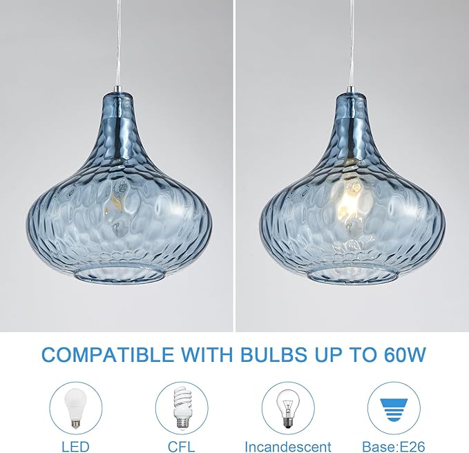 11" Blue Hammered Glass Pendant Light - Brushed Nickel Finish Industrial Ceiling Fixture with Blown Glass for Kitchen Island Dining Room Hallway Living Room