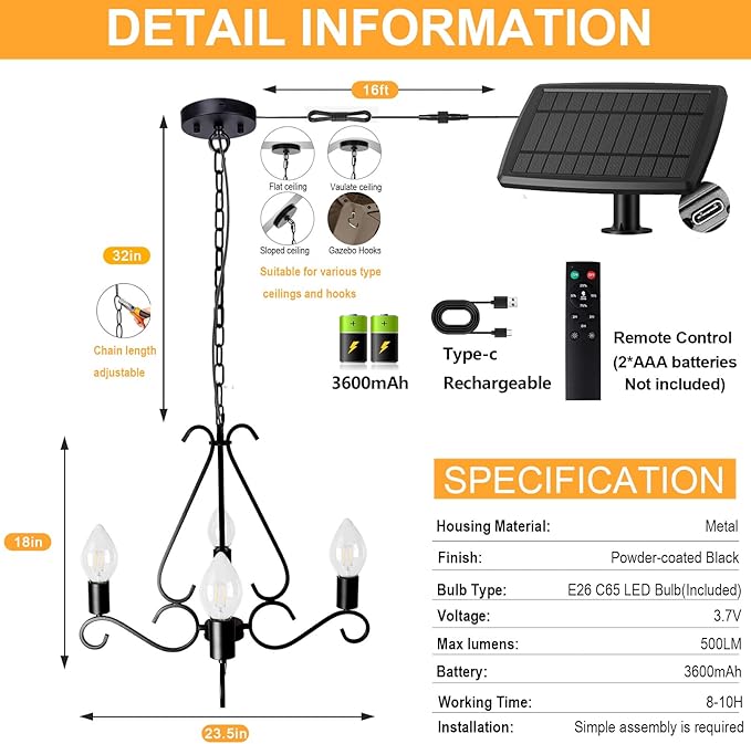 TWINKVILLA Solar Chandelier Outdoor, 4-Lights 23" Rustic Farmhouse Industrial Iron Chandeliers Waterproof Dimmable Hanging Pendant Lights for Gazebo, Pergola, Canopy, Tent Decor